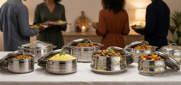Organisation d'un buffet maison familial avec contenants isothermes inox TACSAM, plats chauds et pâtisseries pour anniversaire ou réception