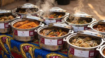 Cuisiner pour un baptême africain : riz jollof, poulet braisé et mafé dans des contenants isothermes inox TACSAM, célébration familiale traditionnelle