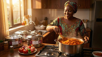 Riz jollof pour 20 personnes dans un grand contenant isotherme inox TACSAM, recette africaine pour anniversaire, baptême ou mariage
