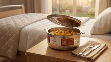 Apporter un repas chaud à un proche hospitalisé dans un thermos isotherme inox TACSAM, plat maison réconfortant pour la convalescence à l'hôpital