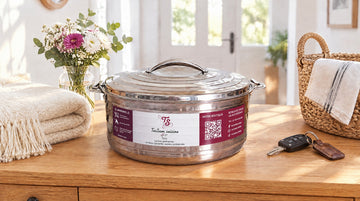 Boîte isotherme inox TACSAM 8,5 L fermée, prête pour le trajet vers un repas de famille