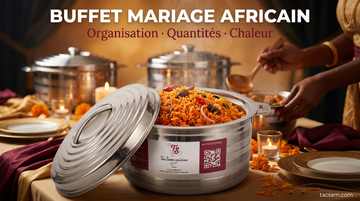 Buffet de mariage africain avec contenants isothermes TACSAM ouverts révélant jollof et mafé — cover éditoriale