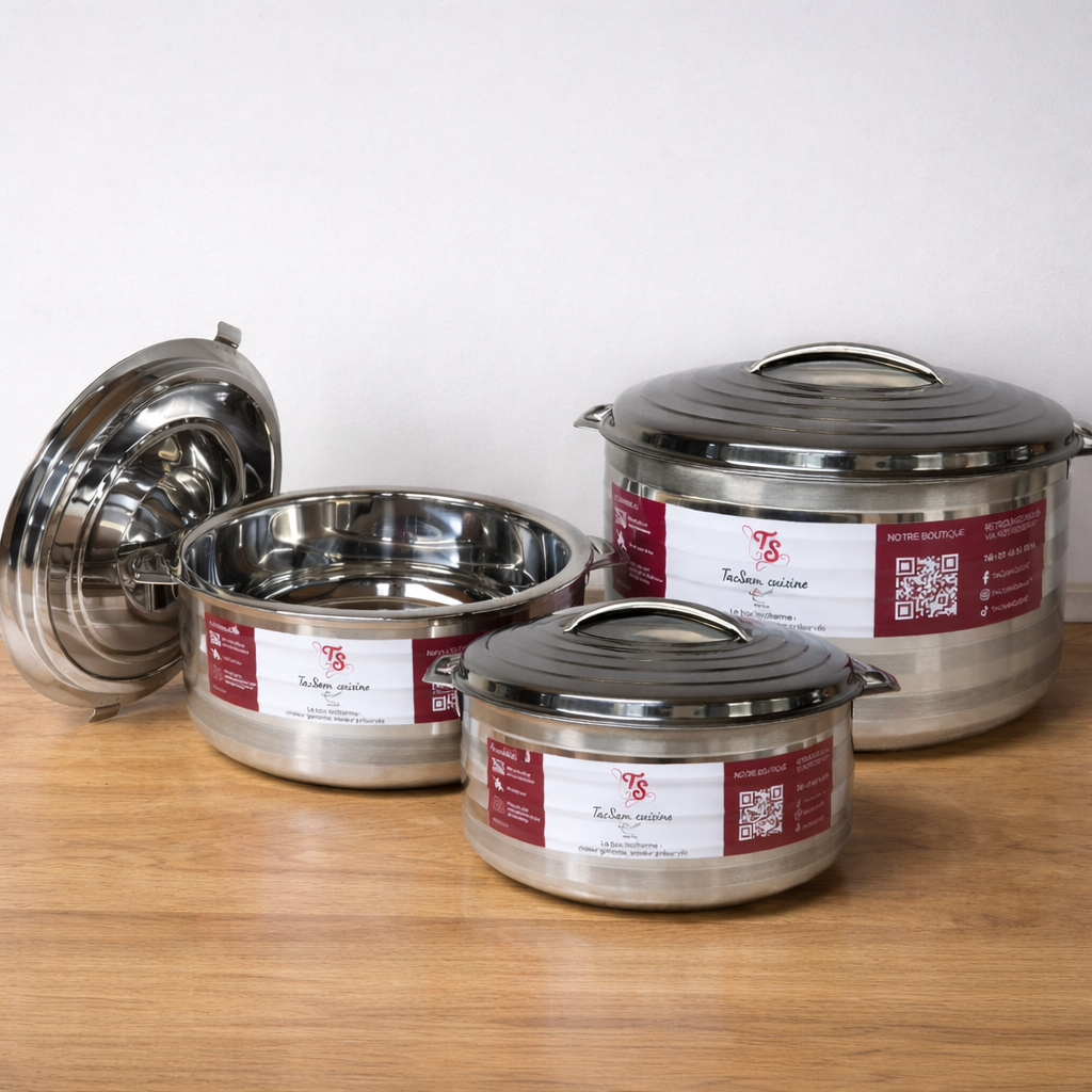 Lot trio conteneurs isothermes inox 5 L 8,5 L et 11 L TACSAM pour 20 à 28 personnes, maintien chaud 6h