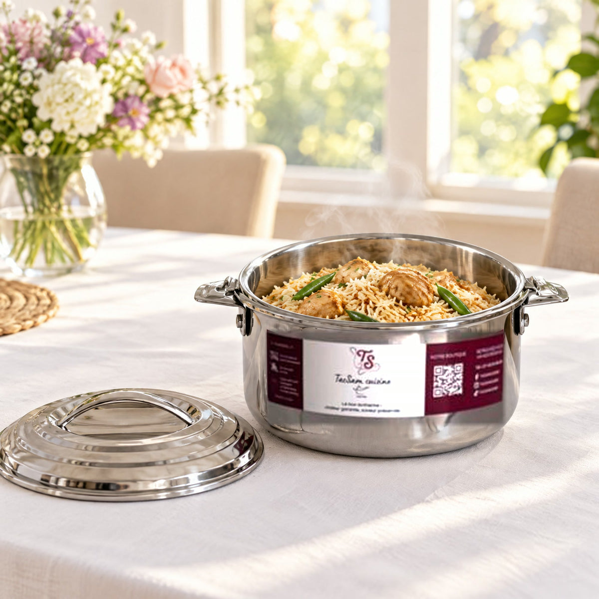 Boîte repas isotherme inox TACSAM 1,5 L ouverte avec un plat, couvercle posé à côté