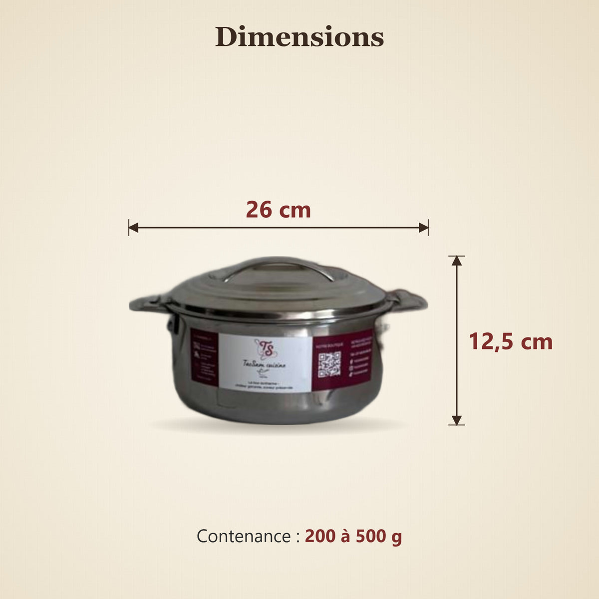 Dimensions de la boîte isotherme inox TACSAM 1,5 L : 26 × 12,5 cm