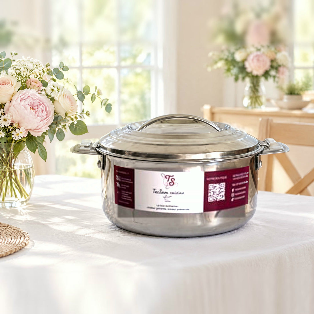 Boîte repas isotherme inox TACSAM 1,5 L sur une table claire et fleurie