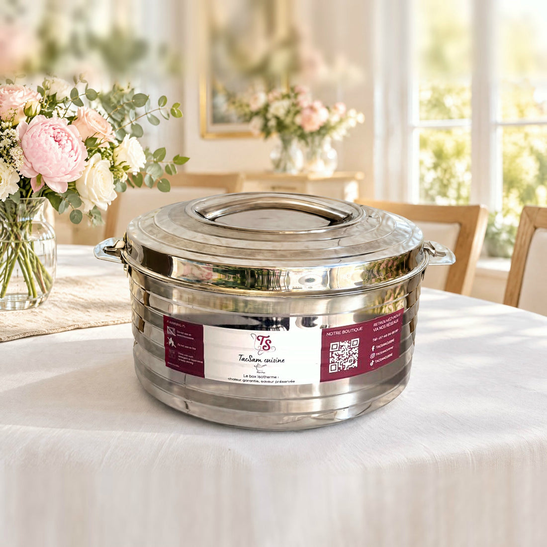 Boîte repas isotherme inox TACSAM 11 L sur une table de famille claire et fleurie