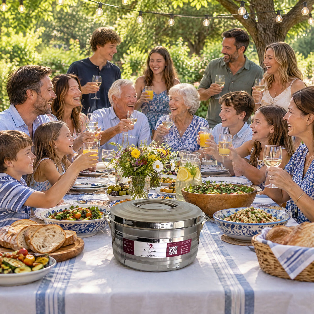 Grande boîte isotherme inox 15 L TACSAM lors d'une fête de famille au jardin