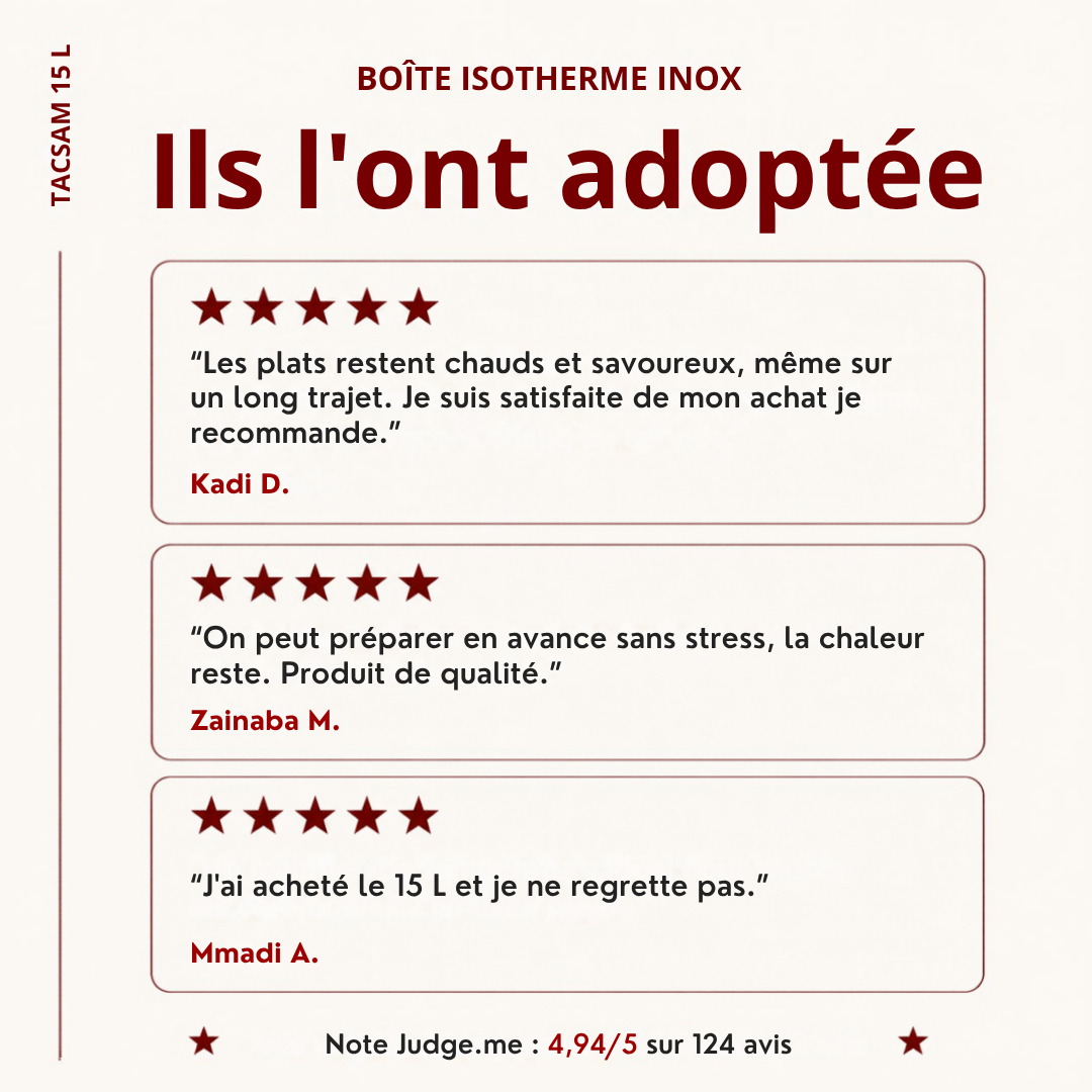 Avis de clientes sur la boîte isotherme inox TACSAM 15 L, note Judge.me 4,94 sur 5