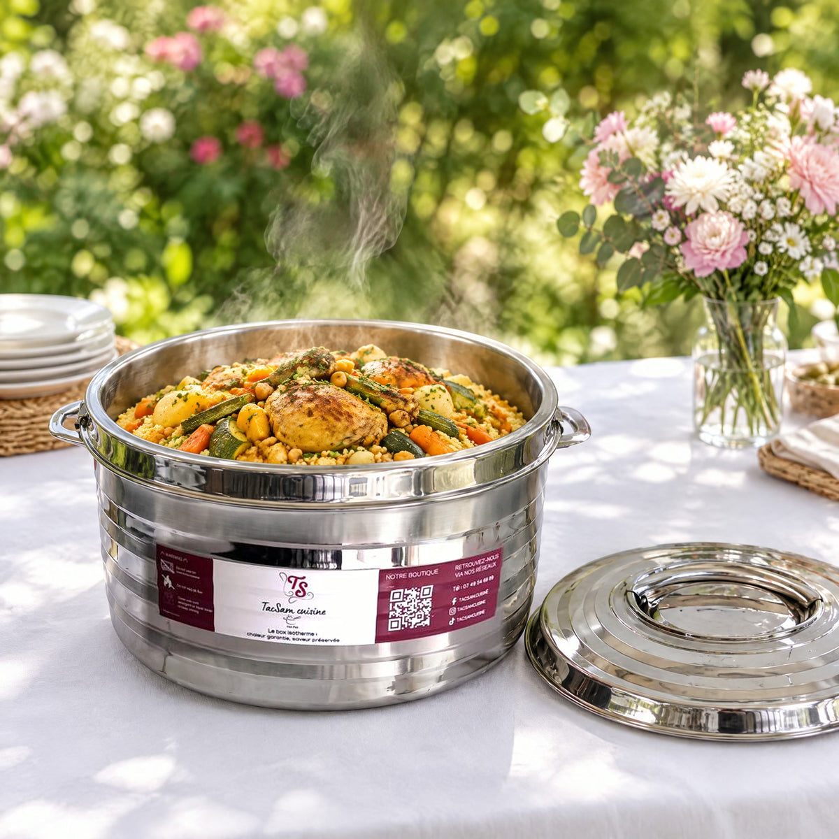 Boîte repas isotherme inox TACSAM 15 L ouverte avec un plat, couvercle posé à côté