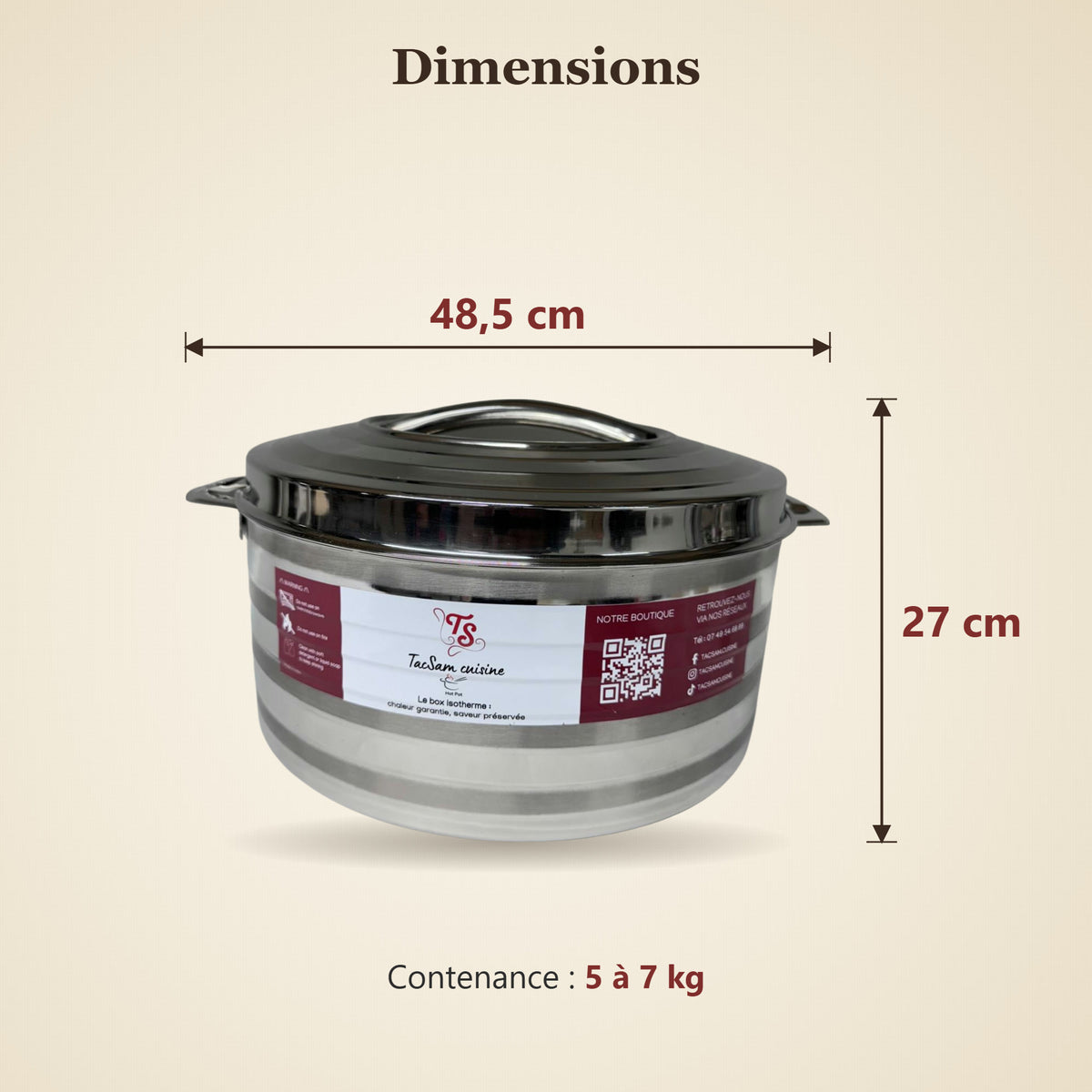 Dimensions de la boîte isotherme inox TACSAM 15 L : 48,5 × 27 cm