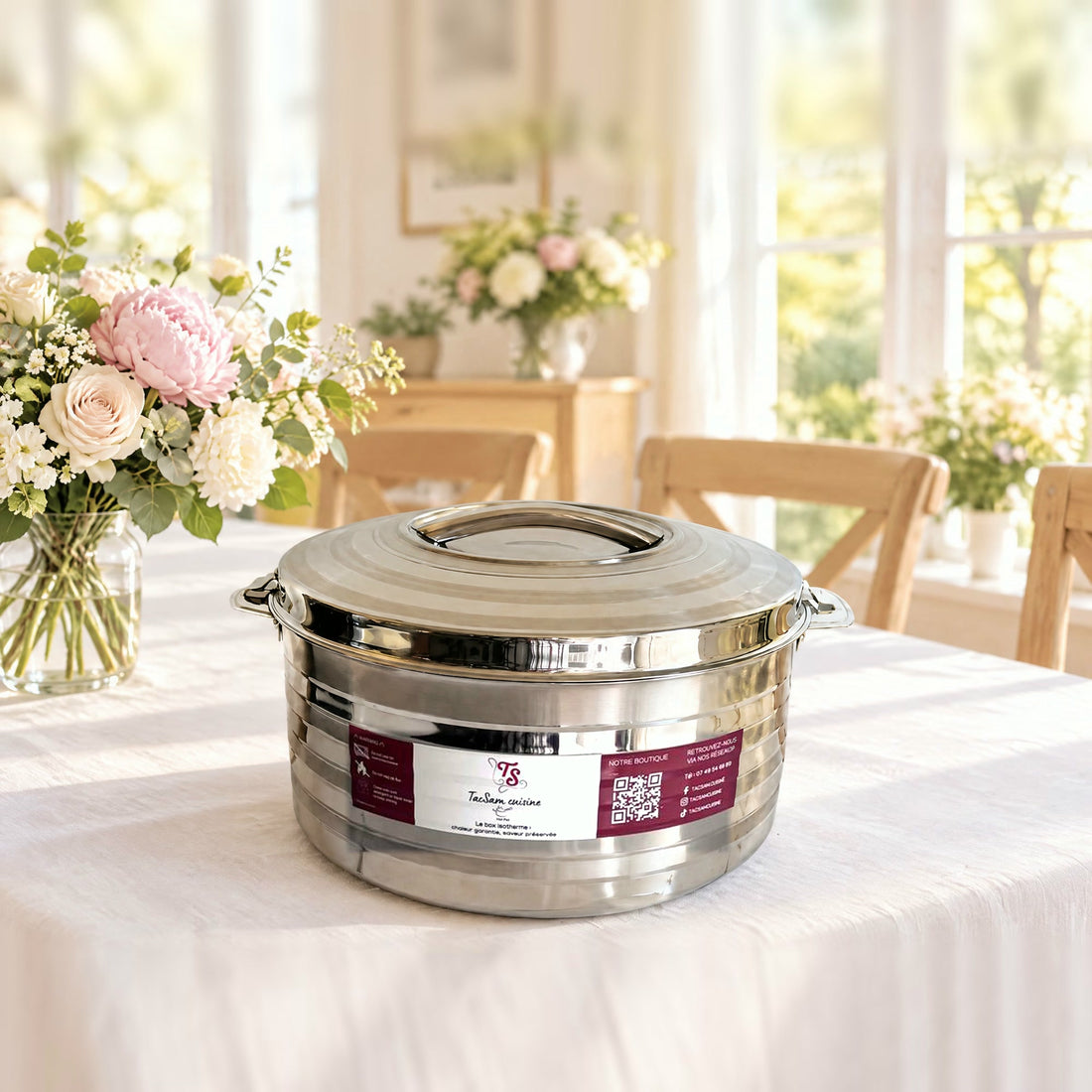 Grande boîte isotherme inox TACSAM 15 L sur une table de famille claire et fleurie