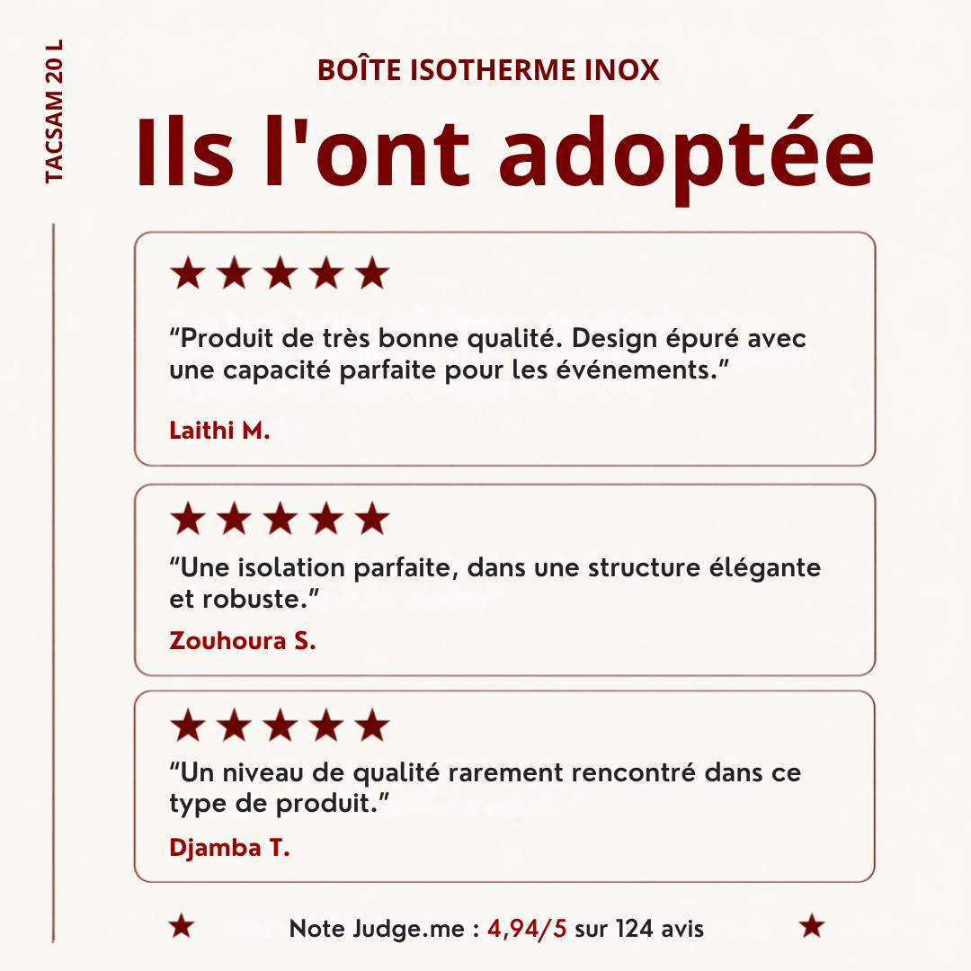 Avis de clientes sur la boîte isotherme inox TACSAM 20 L, note Judge.me 4,94 sur 5
