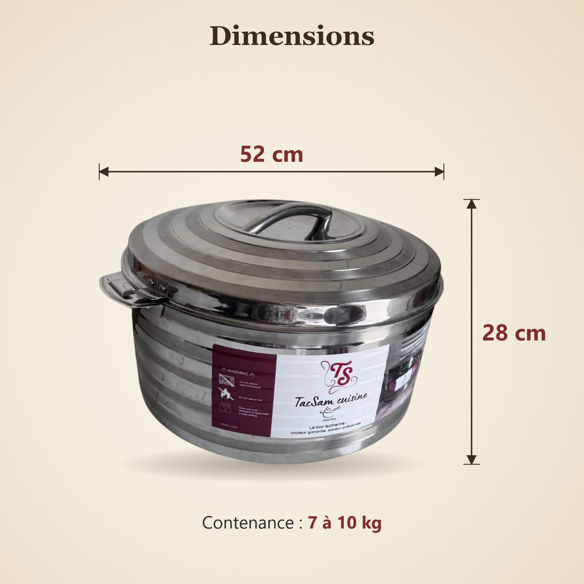 Dimensions de la boîte isotherme inox TACSAM 20 L : 52 × 28 cm