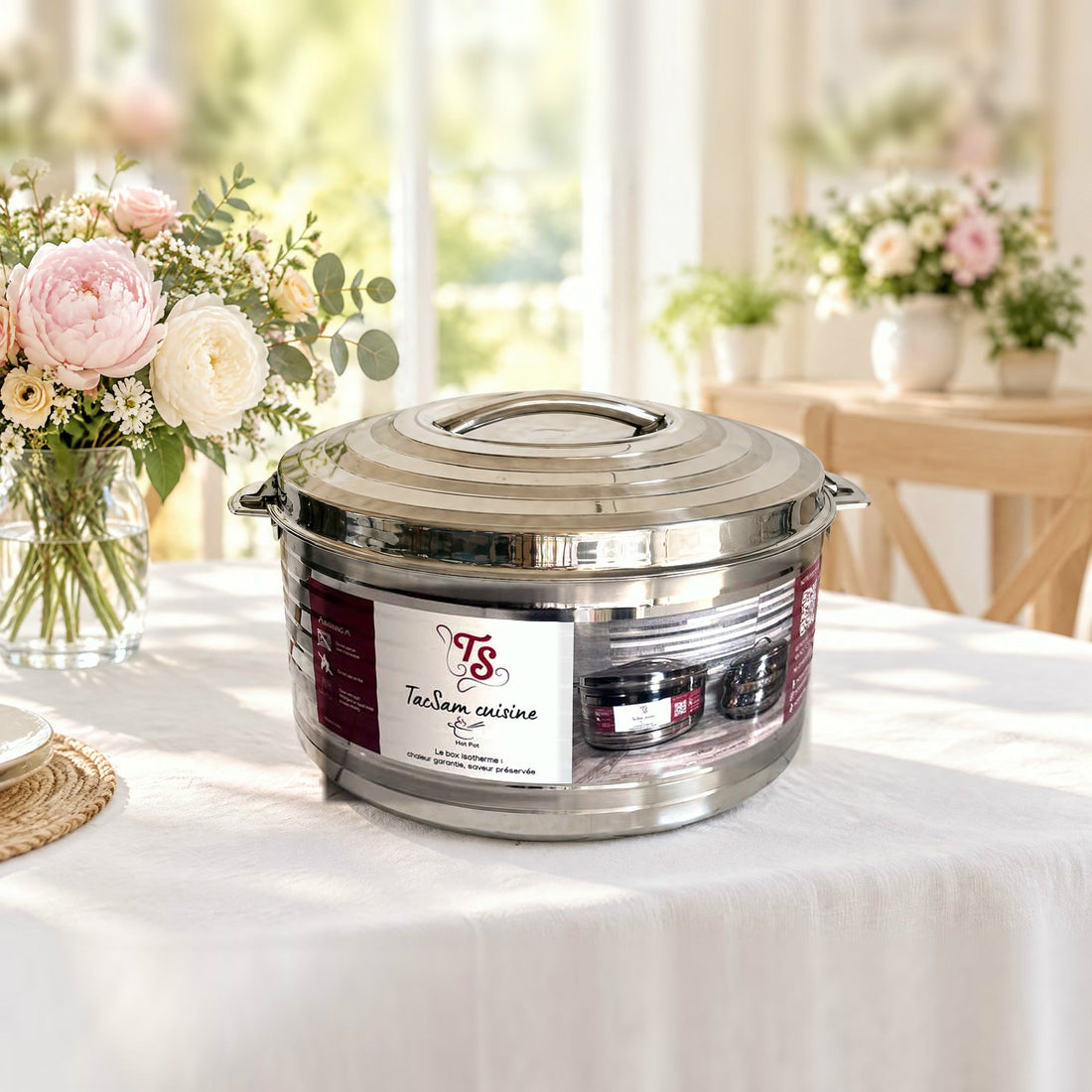 Grande boîte isotherme inox TACSAM 20 L sur une table de famille claire et fleurie