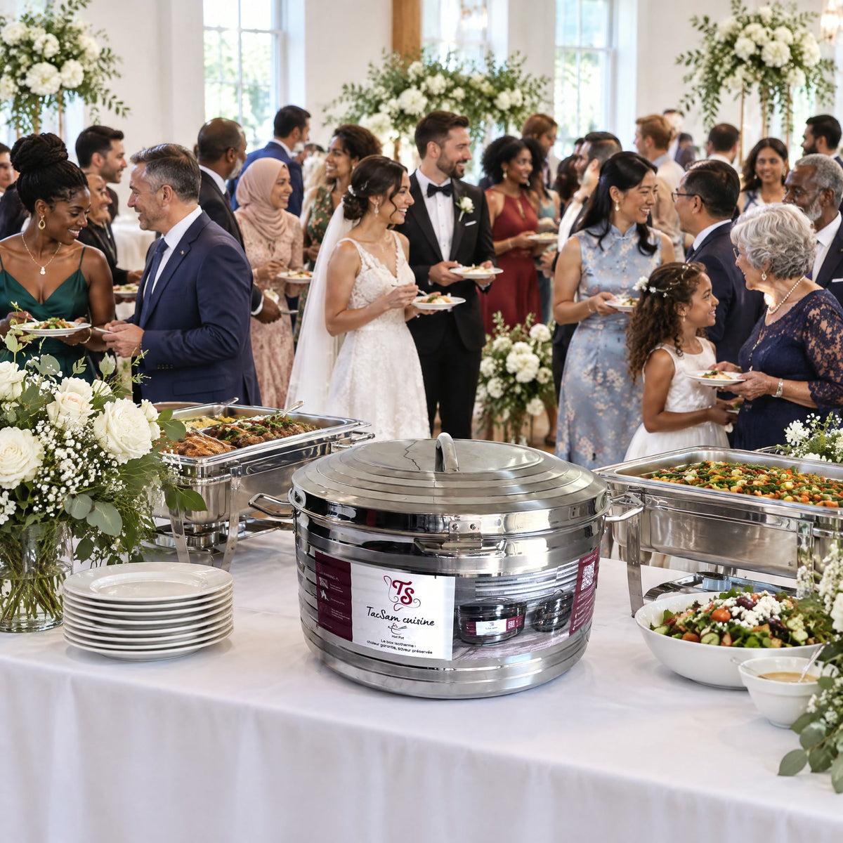 Boîte isotherme inox 30 L TACSAM sur le buffet d'un mariage