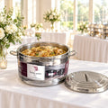 Boîte repas isotherme inox TACSAM 30 L ouverte avec un plat, couvercle posé à côté