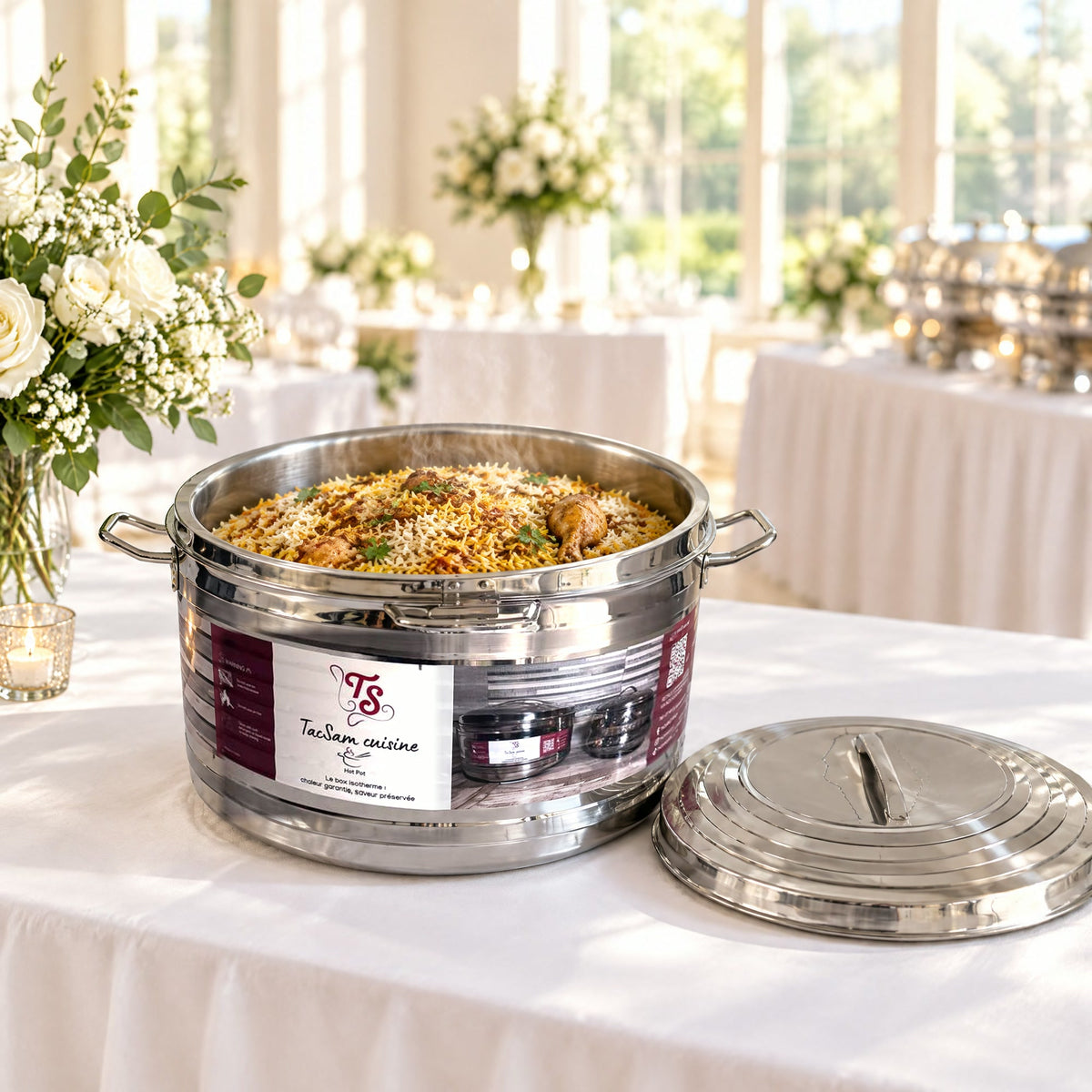Boîte repas isotherme inox TACSAM 30 L ouverte avec un plat, couvercle posé à côté