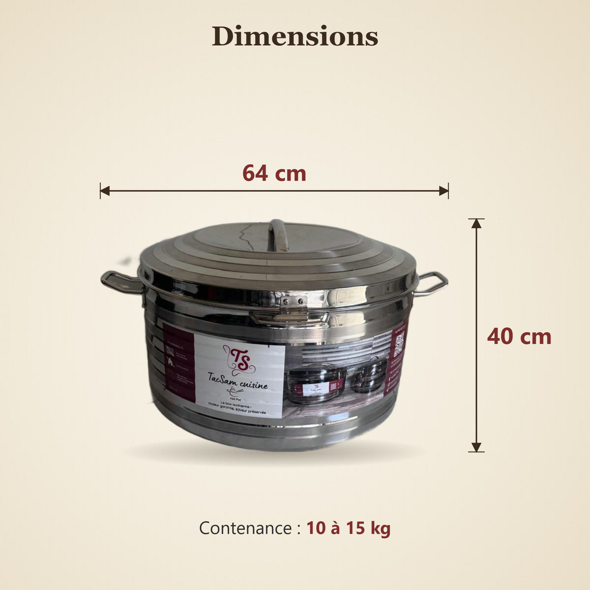 Dimensions de la boîte isotherme inox TACSAM 30 L : 64 cm poignées comprises × 40 cm