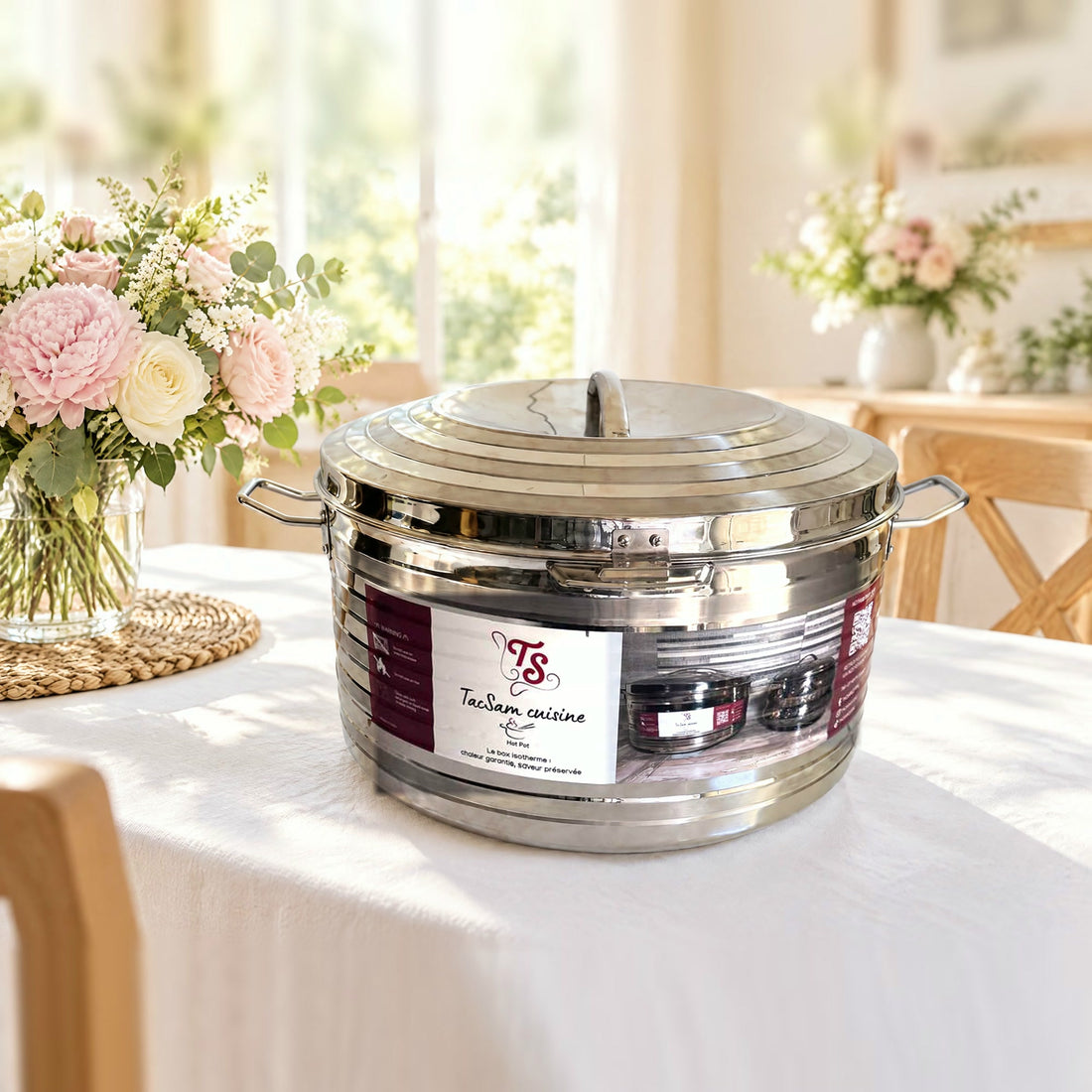 Boîte isotherme inox TACSAM 30 L grand format sur une table de fête claire et fleurie
