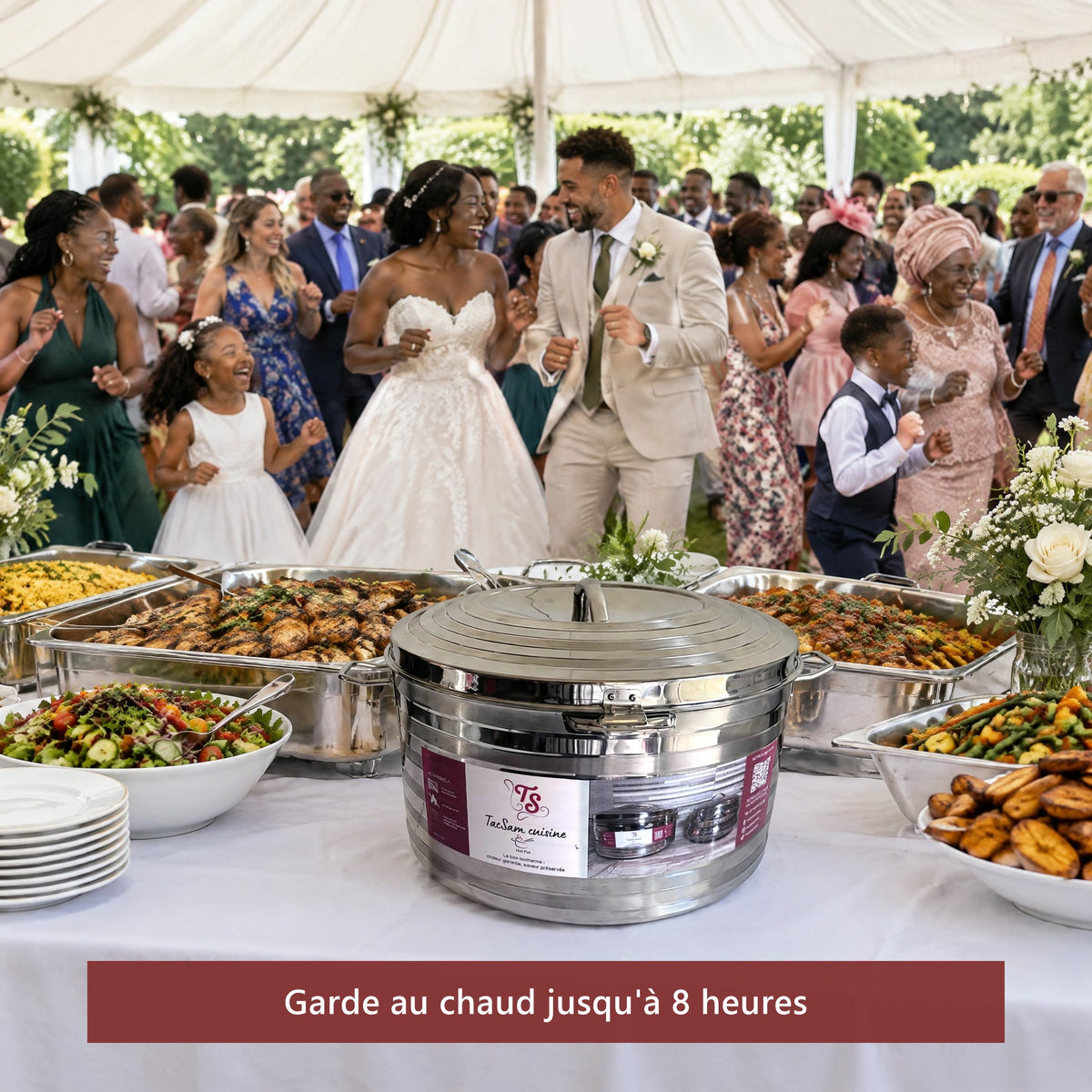 Boîte isotherme inox 40 L TACSAM sur le buffet d'une grande réception de famille