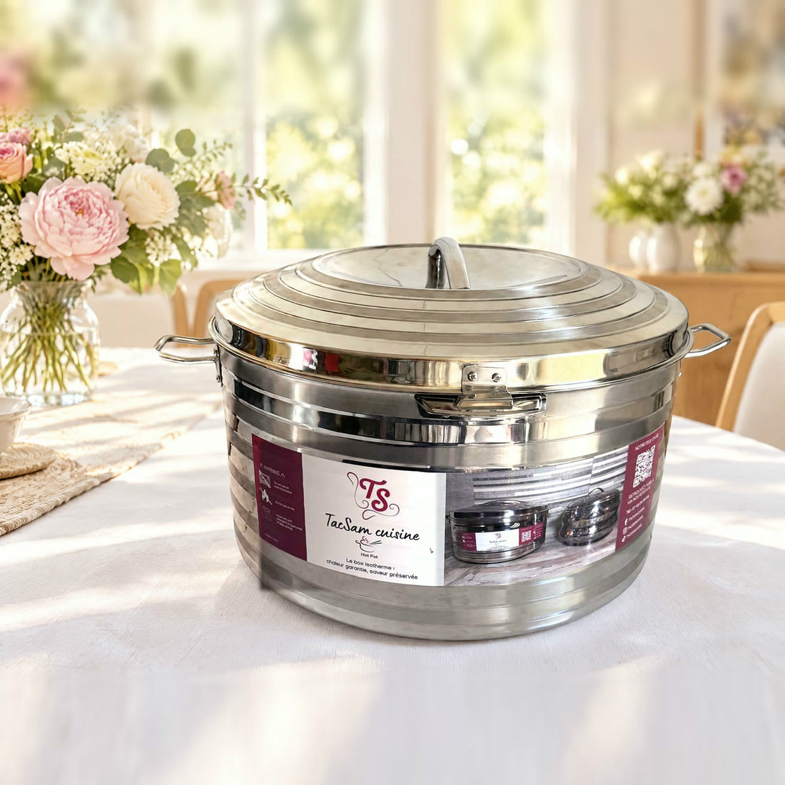 Boîte isotherme inox TACSAM 40 L grand format sur une table de fête claire et fleurie