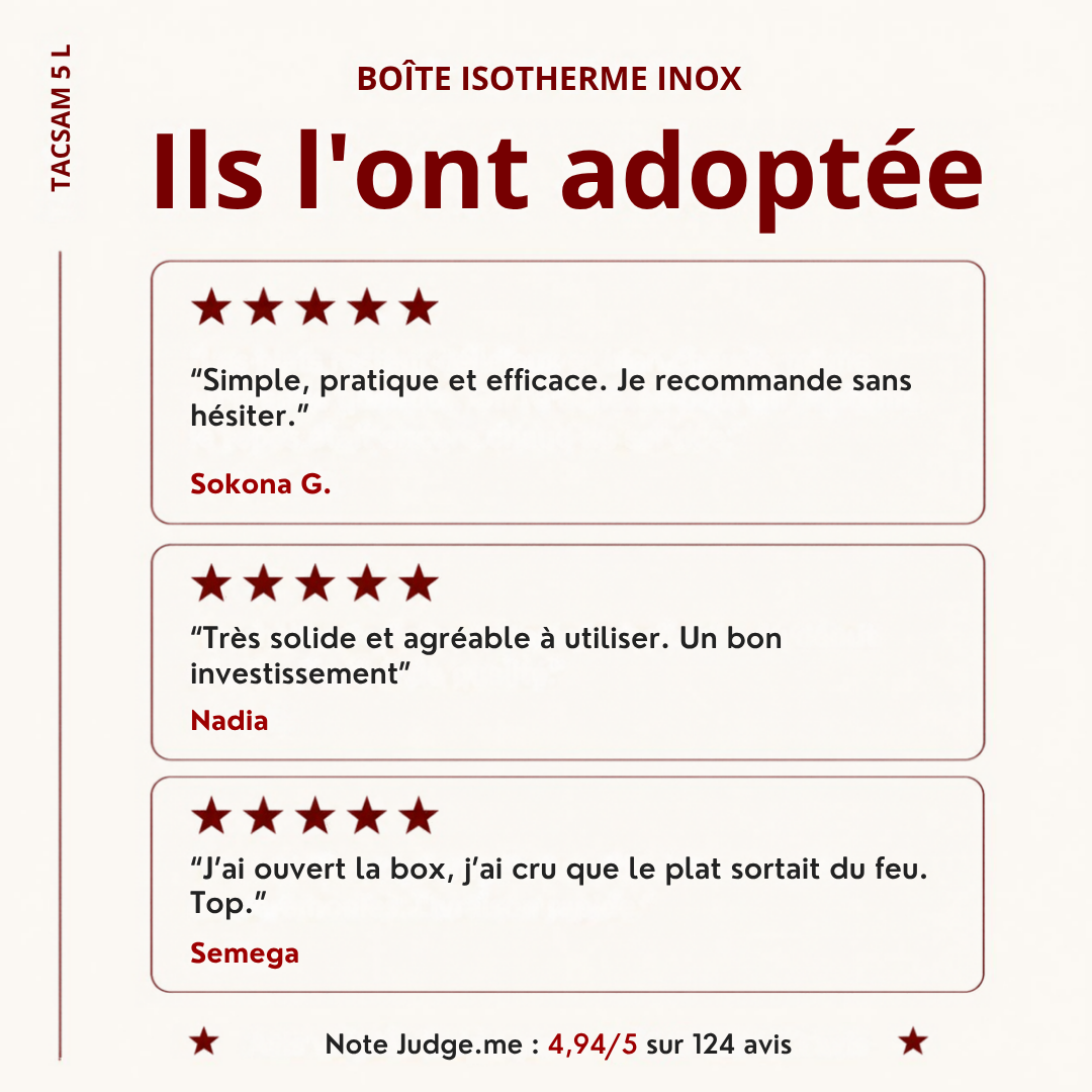 Avis de clientes sur la boîte isotherme inox TACSAM 5 L, note Judge.me 4,94 sur 5