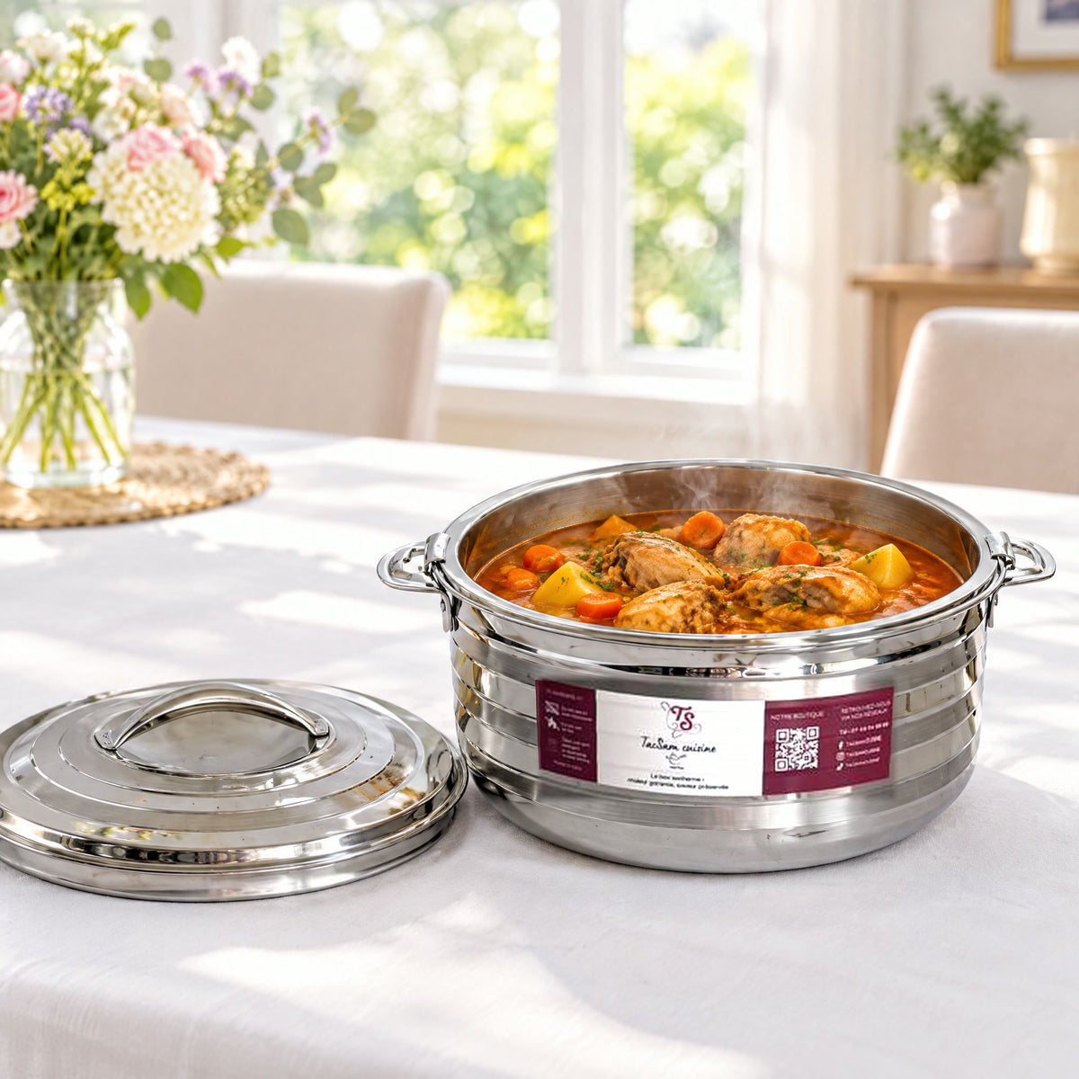 Boîte repas isotherme inox TACSAM 5 L ouverte avec un plat, couvercle posé à côté