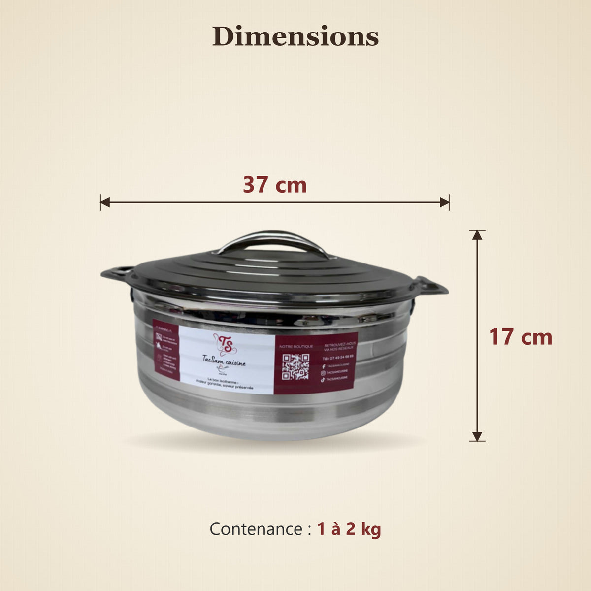 Dimensions de la boîte isotherme inox TACSAM 5 L : 37 × 17 cm