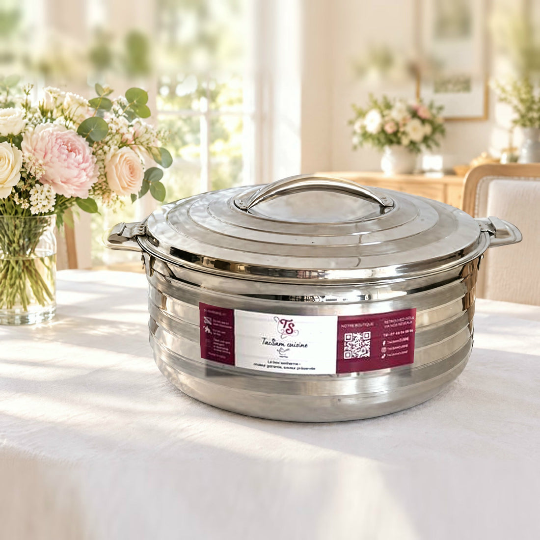 Boîte repas isotherme inox TACSAM 5 L sur une table de famille claire et fleurie