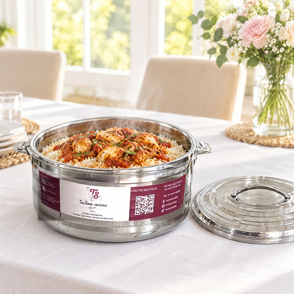 Boîte repas isotherme inox TACSAM 8,5 L ouverte avec un plat, couvercle posé à côté