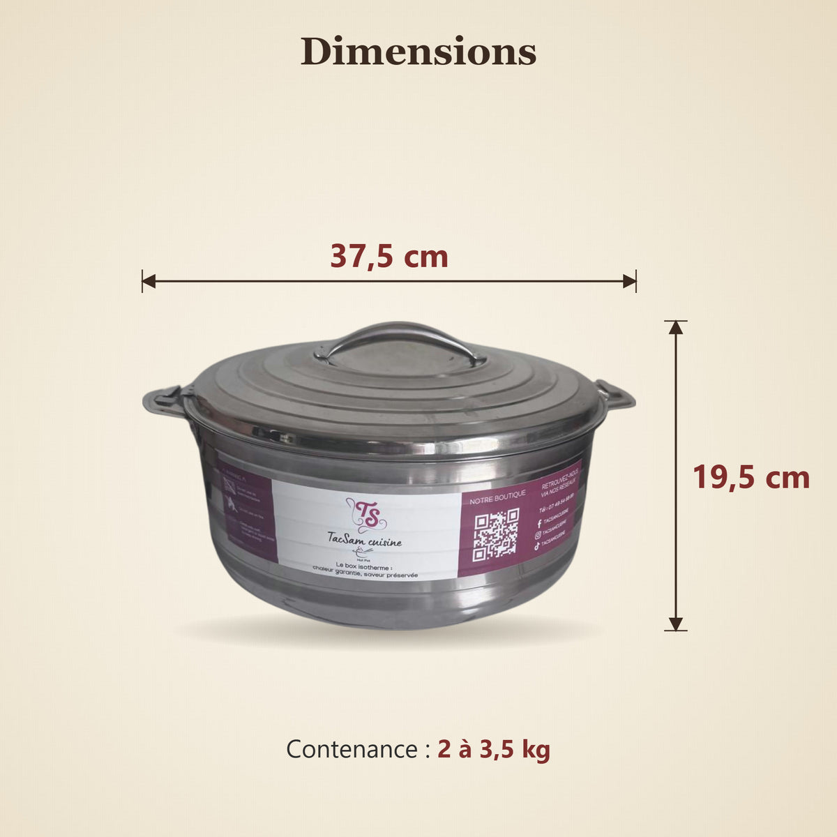 Dimensions de la boîte isotherme inox TACSAM 8,5 L : 37,5 × 19,5 cm