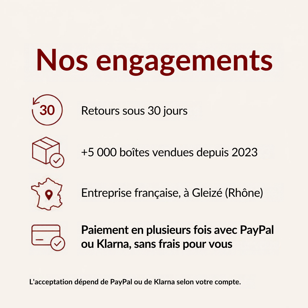 Nos engagements TACSAM : retours sous 30 jours, entreprise française, paiement en plusieurs fois