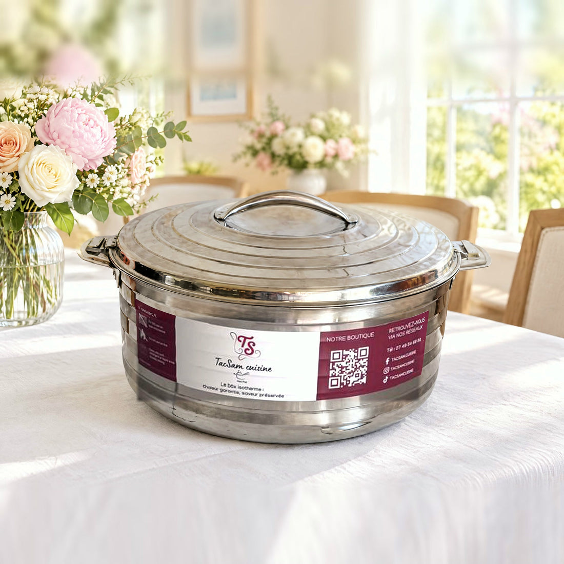 Boîte repas isotherme inox TACSAM 8,5 L sur une table de famille claire et fleurie