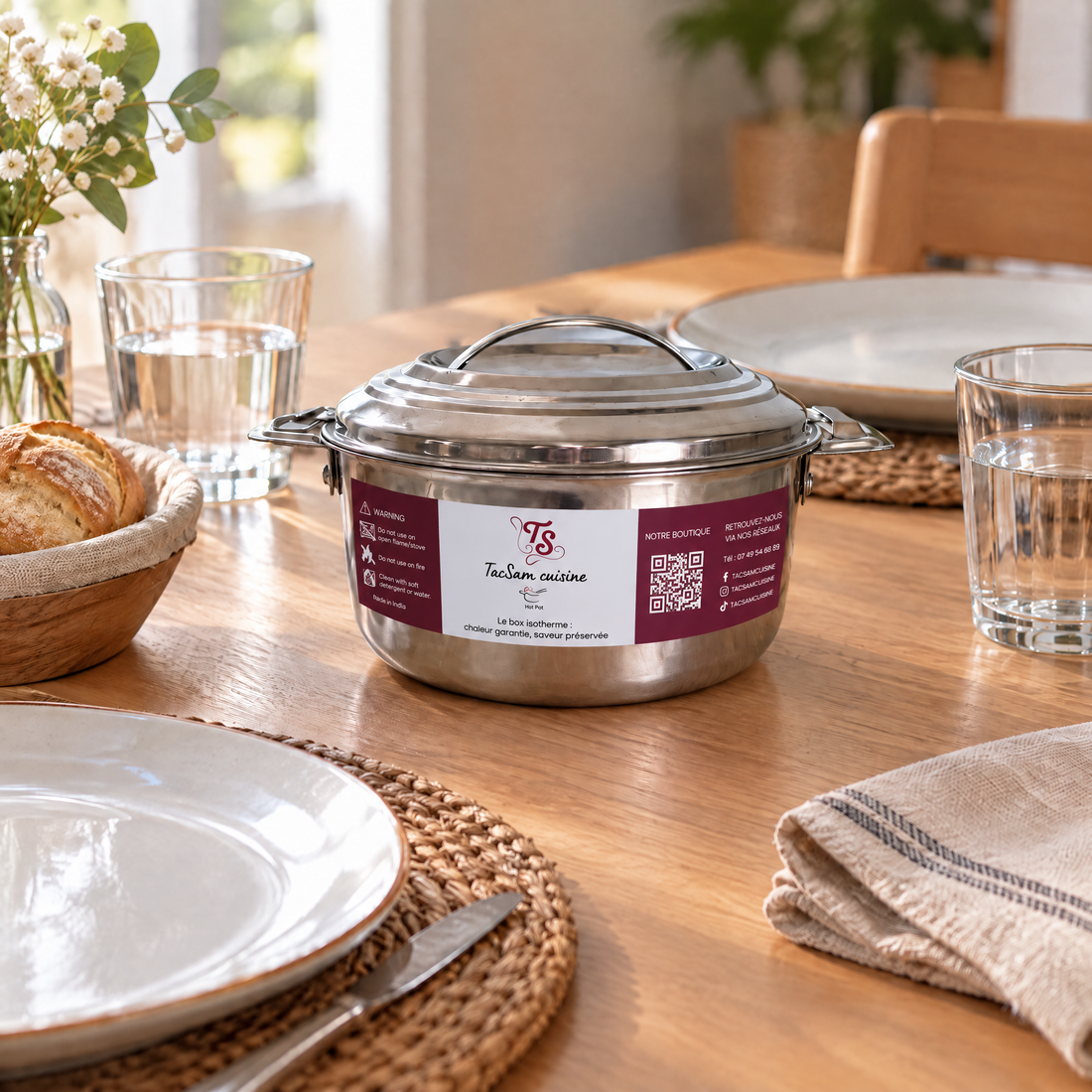Petite boîte isotherme inox 1,5 L TACSAM sur une table dressée pour deux
