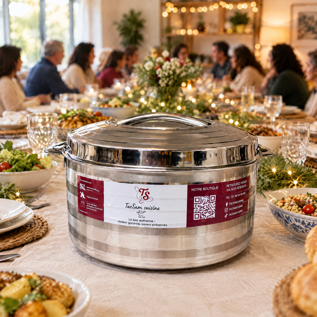Grande boîte isotherme inox 15 L TACSAM sur une longue table de fête de famille