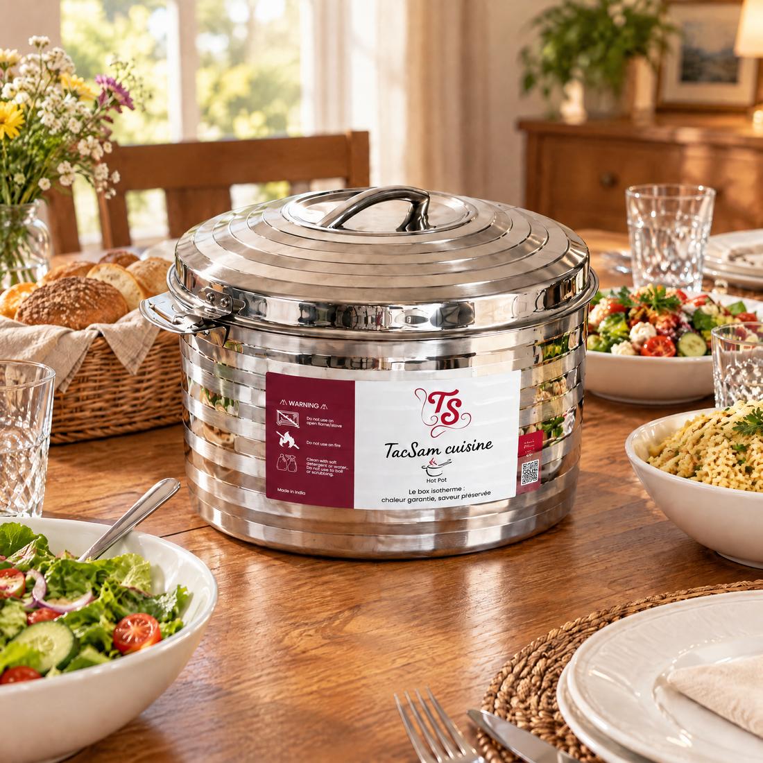 Grande boîte isotherme inox 20 L TACSAM au centre d'une table de repas de famille, avec pains, salades et plats partagés