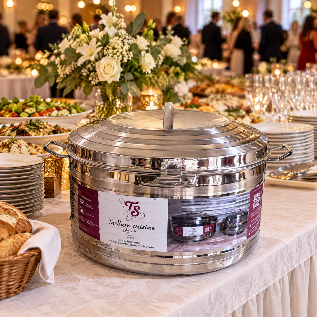 Boîte isotherme inox 30 L TACSAM sur le buffet d'une grande fête de famille
