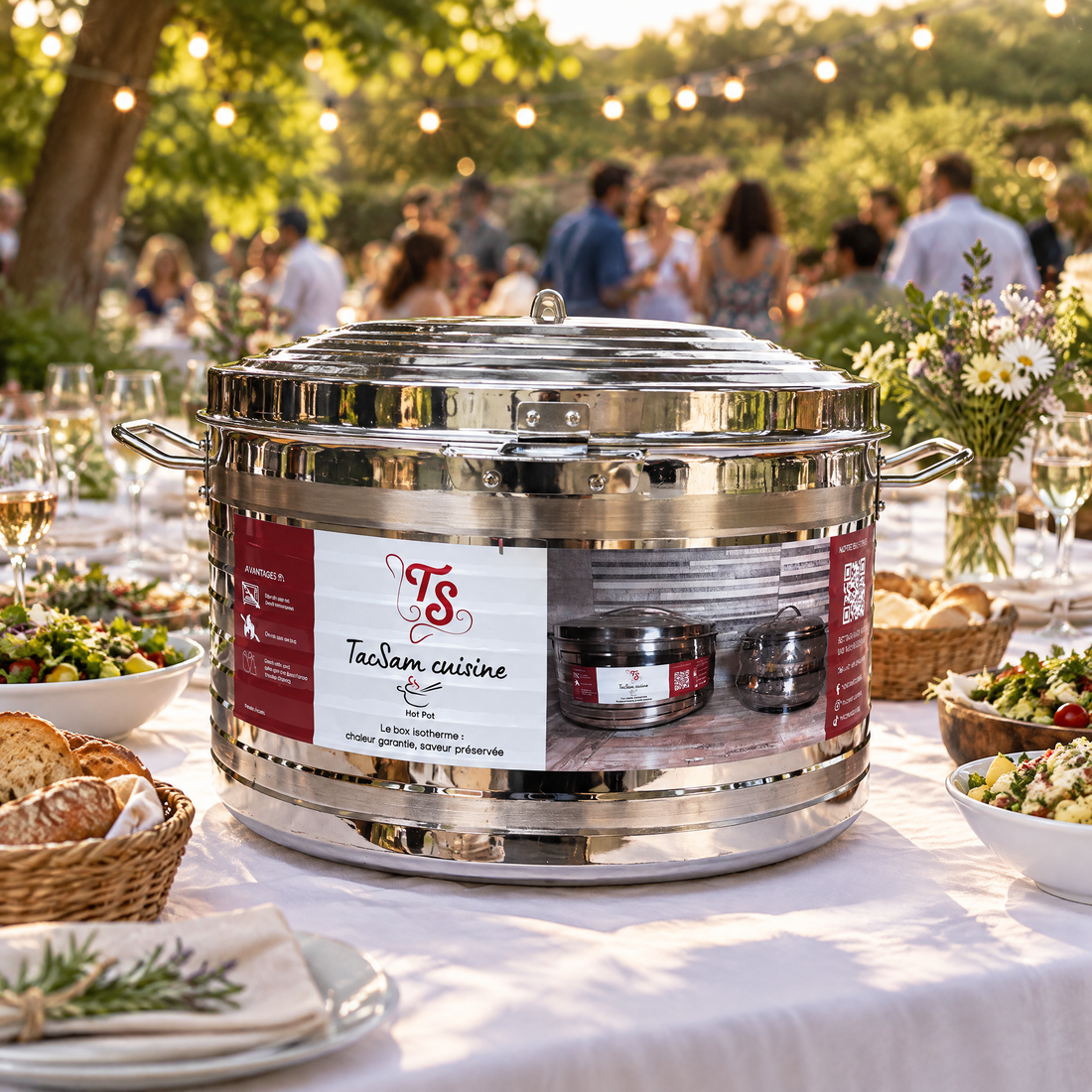 Boîte isotherme inox 40 L TACSAM sur une grande table de fête au jardin