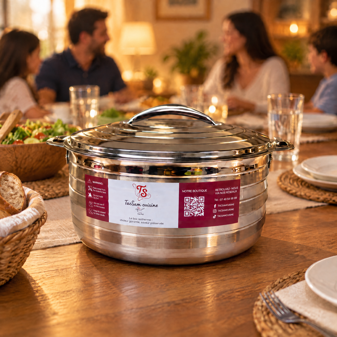 Boîte isotherme inox 5 L TACSAM sur la table d'un dîner en famille