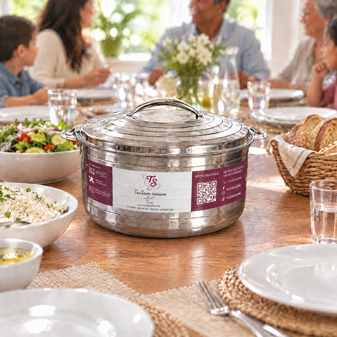 Boîte isotherme inox 8,5 L TACSAM au centre d'un déjeuner de famille