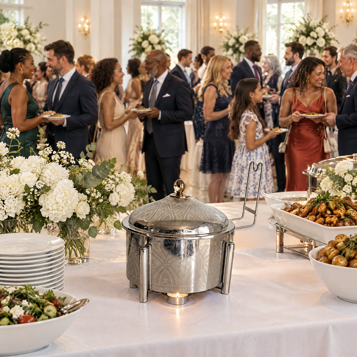 Chafing dish inox 8 L TACSAM sur un buffet de réception