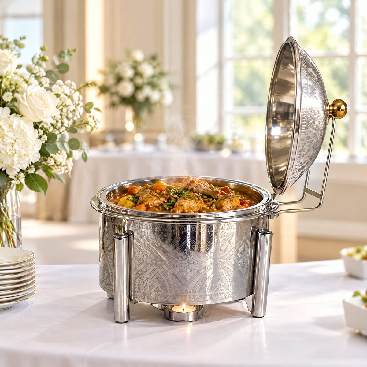 Chafing dish inox TACSAM 8 L ouvert, plat servi à l'intérieur