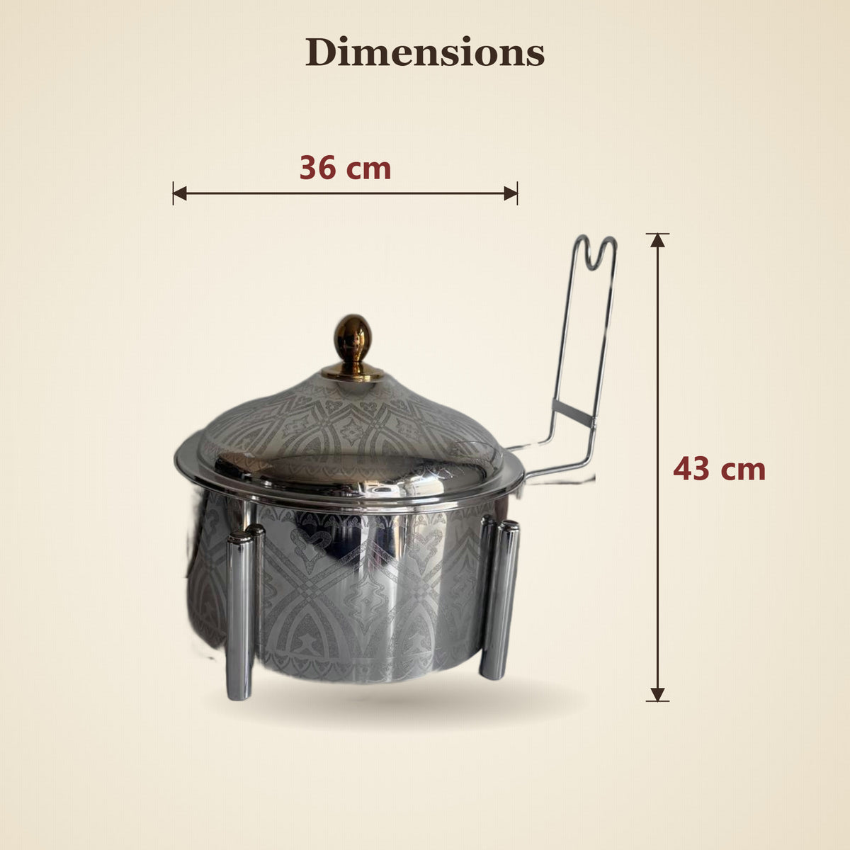 Dimensions du chafing dish inox TACSAM 8 L : 36 × 43 cm