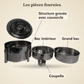Pièces fournies du chafing dish inox TACSAM 8 L : structure gravée avec couvercle, bac intérieur, grand bac et coupelle
