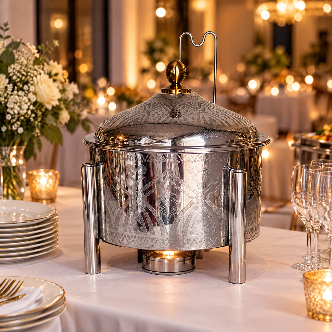 Chafing dish inox gravé 8 L TACSAM sur une table de réception, bougie allumée