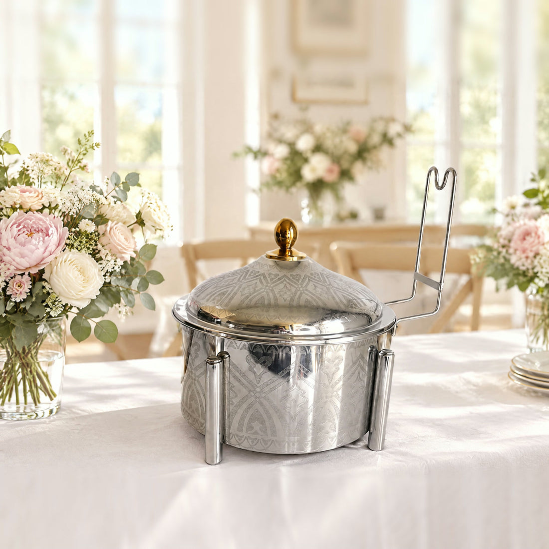 Chafing dish inox TACSAM 8 L sur une table de buffet claire et fleurie