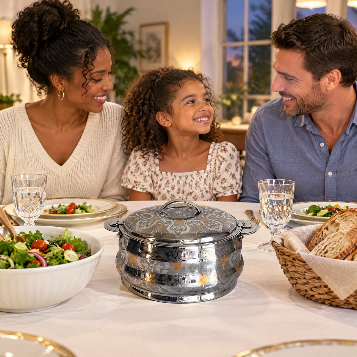 Boîte repas isotherme inox doré 3,5 L TACSAM lors d'un dîner en famille à la maison