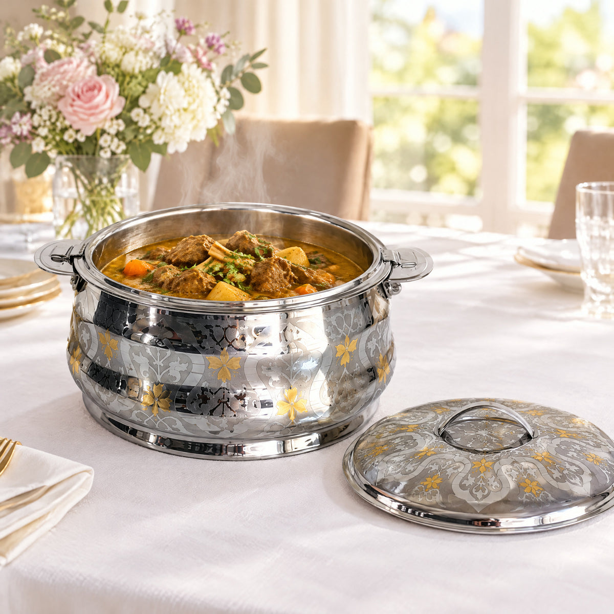 Boîte repas isotherme inox TACSAM dorée 3,5 L ouverte avec un plat, couvercle posé à côté