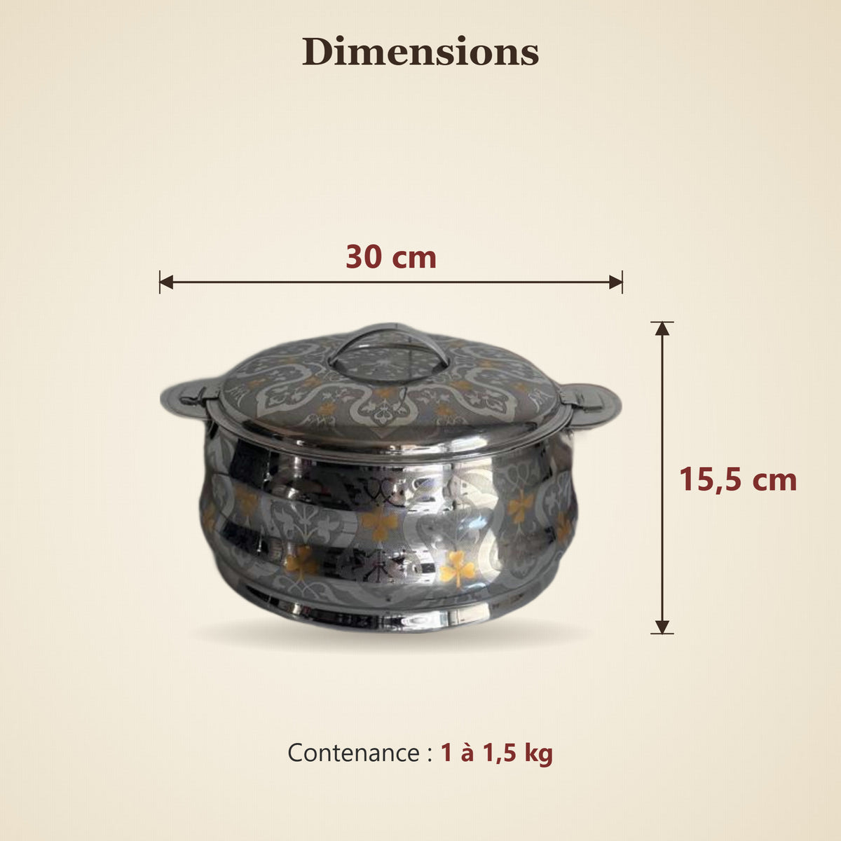 Dimensions de la boîte isotherme inox TACSAM dorée 3,5 L : 30 × 15,5 cm